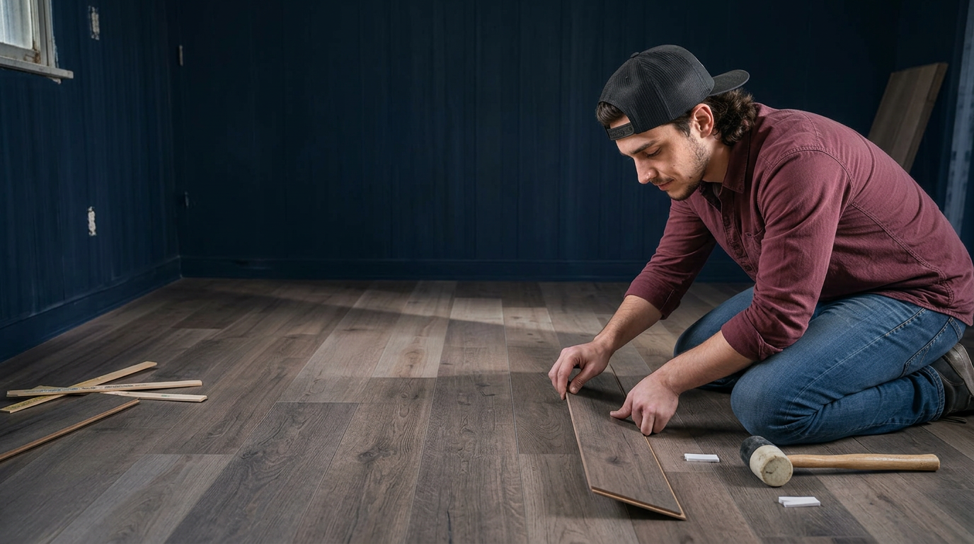 Eddie Roberts installing plank flooring