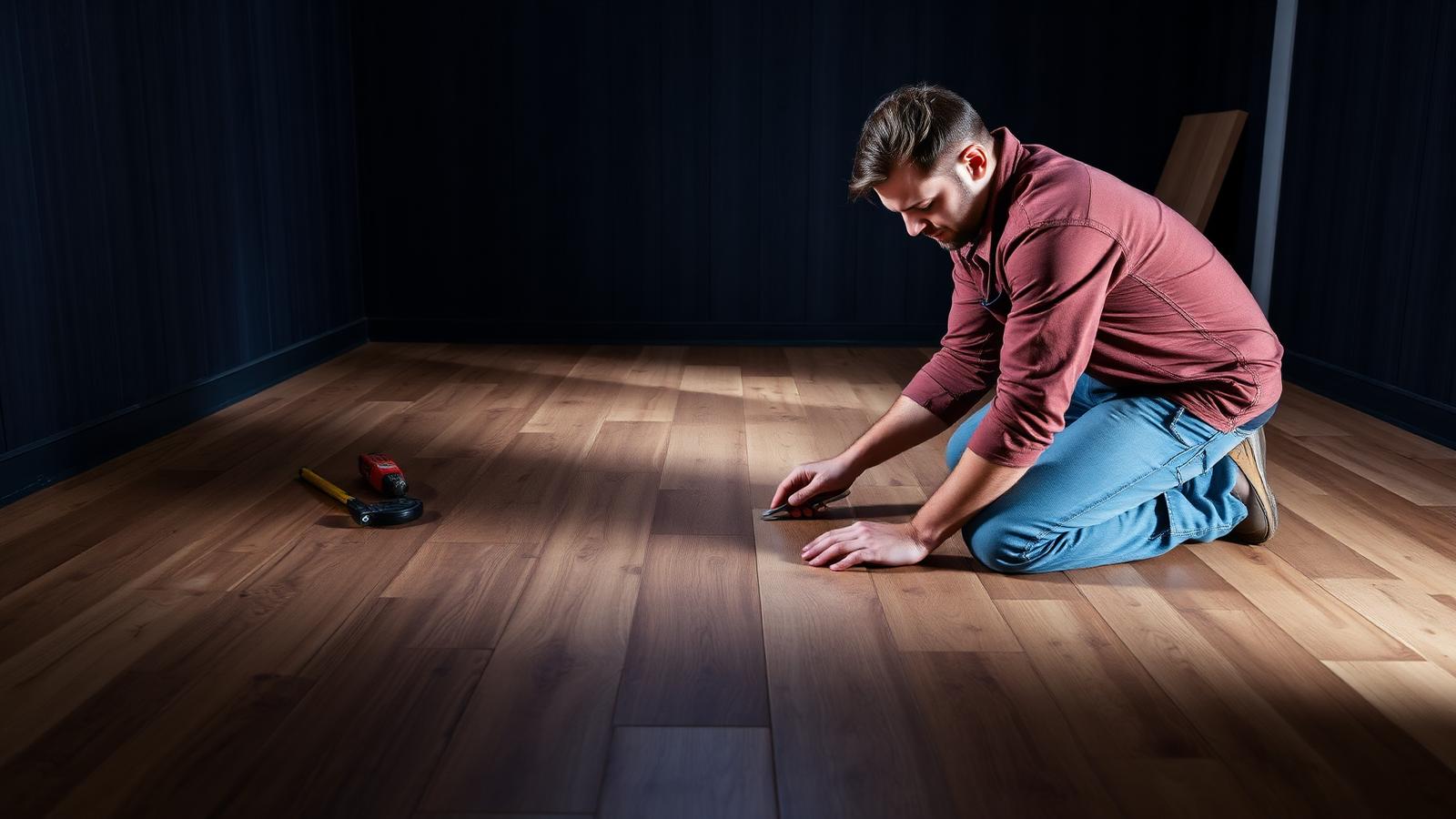 Handyman installing hardwood flooring planks